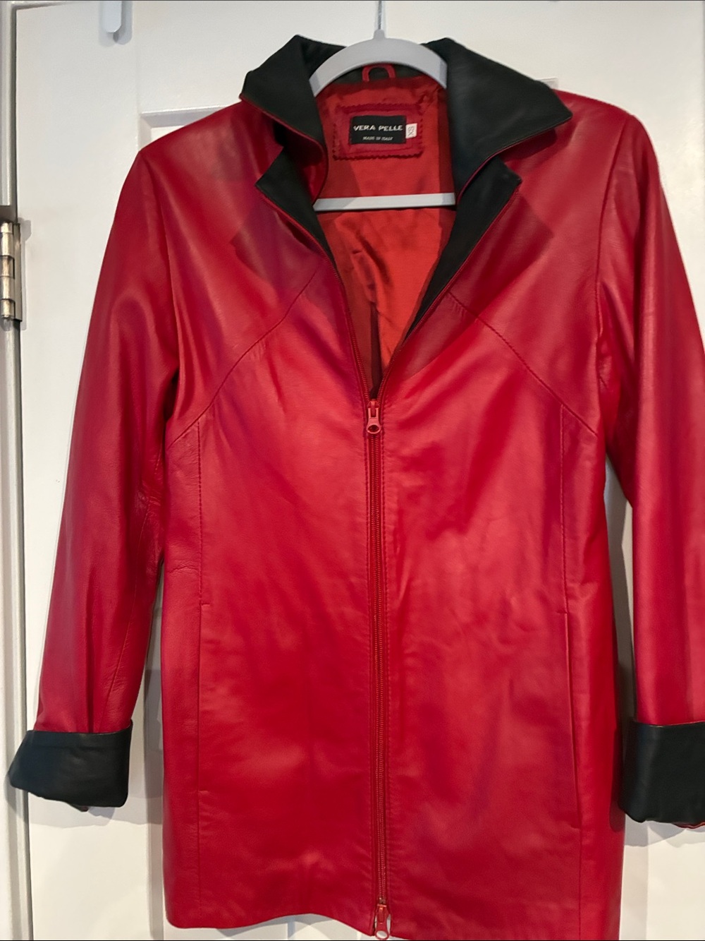 Vera Pelle Red Leather Zip Coat with Black Collar and Cuffs